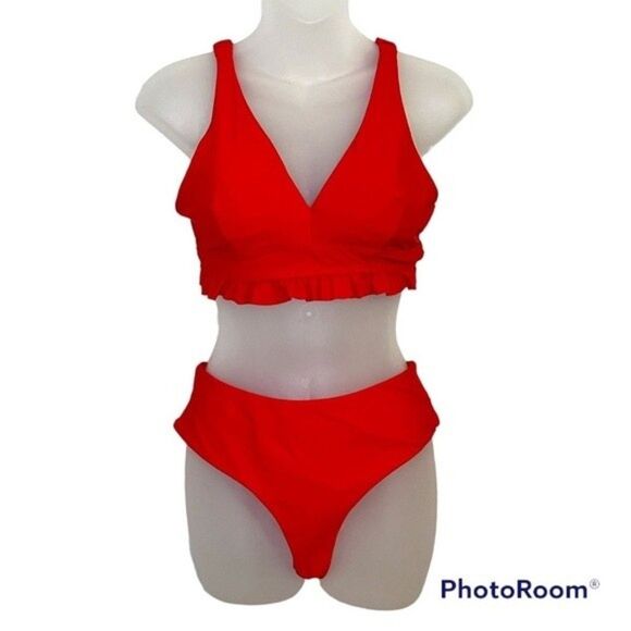 SHEIN Red Ruffle High Waist Two Piece Bikini Size Medium - Picture 1 of 6